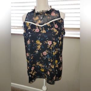 BUCKLE Floral Print Black With Yellow, Pink & Blue Flowers Sleeveless Blouse M
